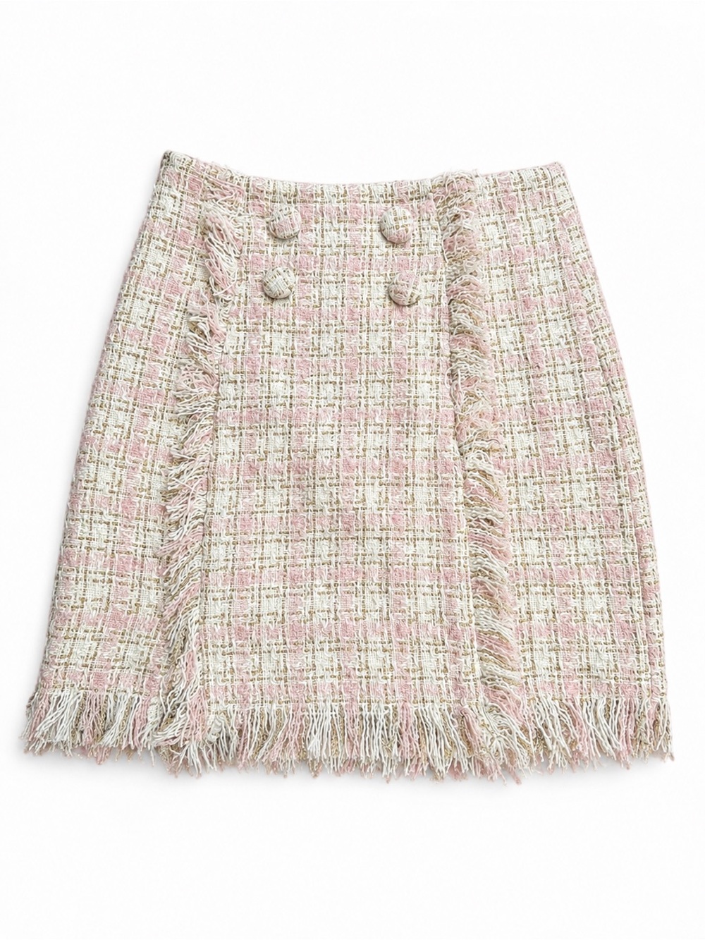 Pink Cream Gold Tweed Fringe Mini Skirt High Waist